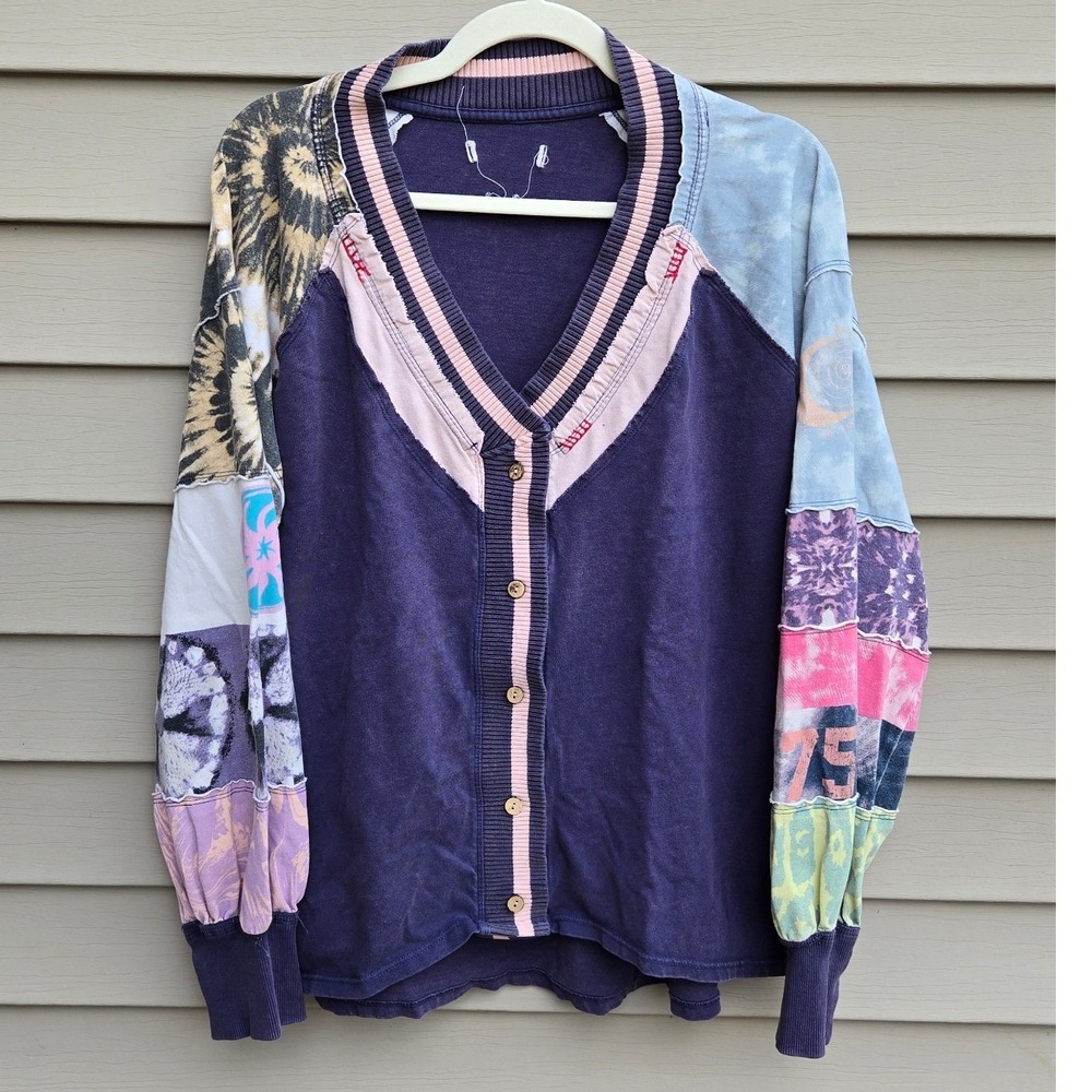 Free People We The Free Marley Tee Cardigan Patchwork Tie Dye Oversized Medium